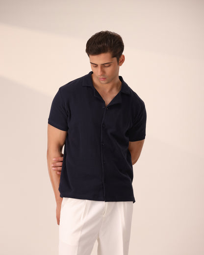 NAVY WAFFLE KNIT CUBAN SHIRT