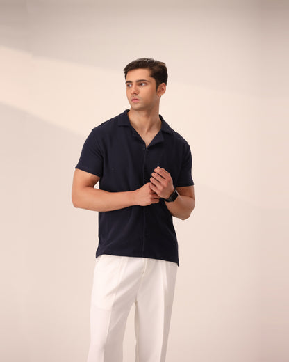 NAVY WAFFLE KNIT CUBAN SHIRT