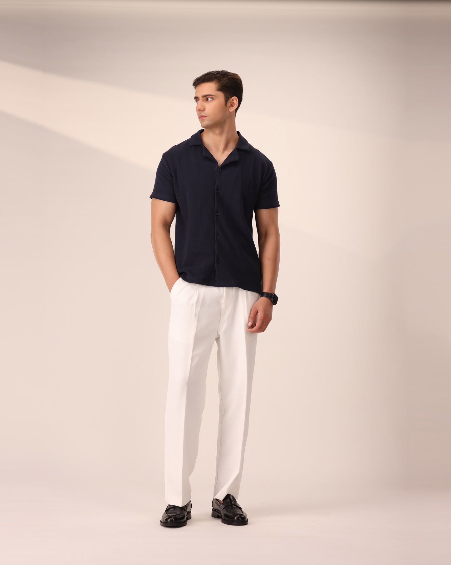 NAVY WAFFLE KNIT CUBAN SHIRT