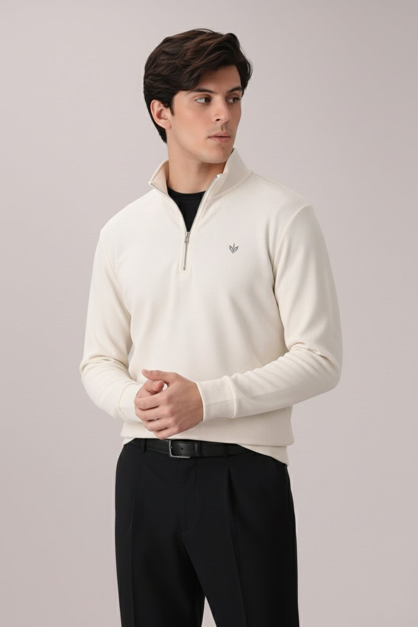 OFF-WHITE RIB KNITTED QUARTER ZIPPER