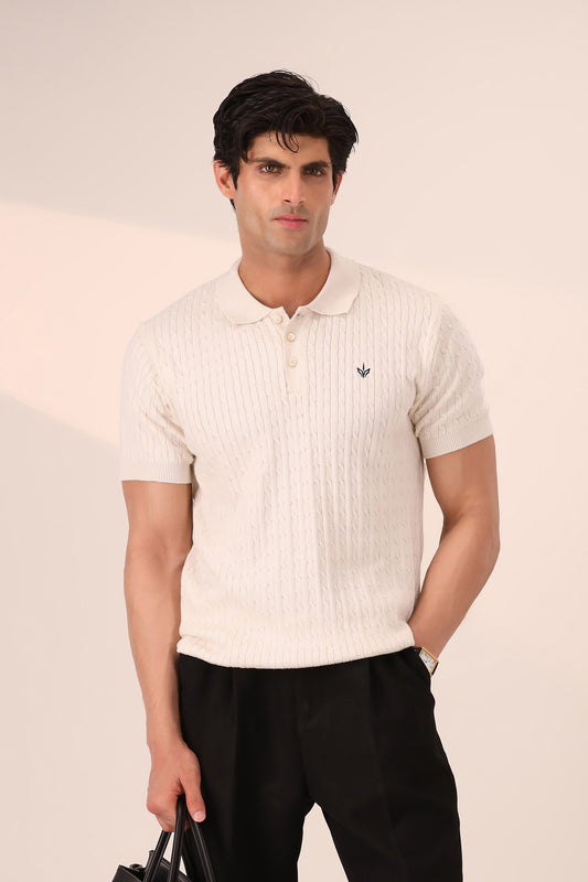 OFF WHITE CABLE KNIT POLO