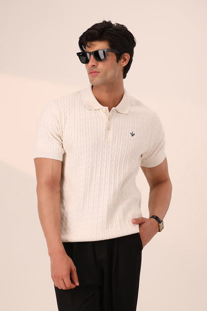 OFF WHITE CABLE KNIT POLO