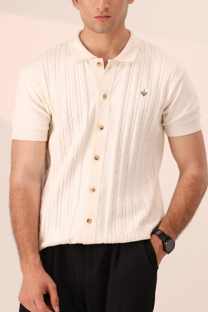 OFF WHITE CABLE KNIT POLO CARDIGAN