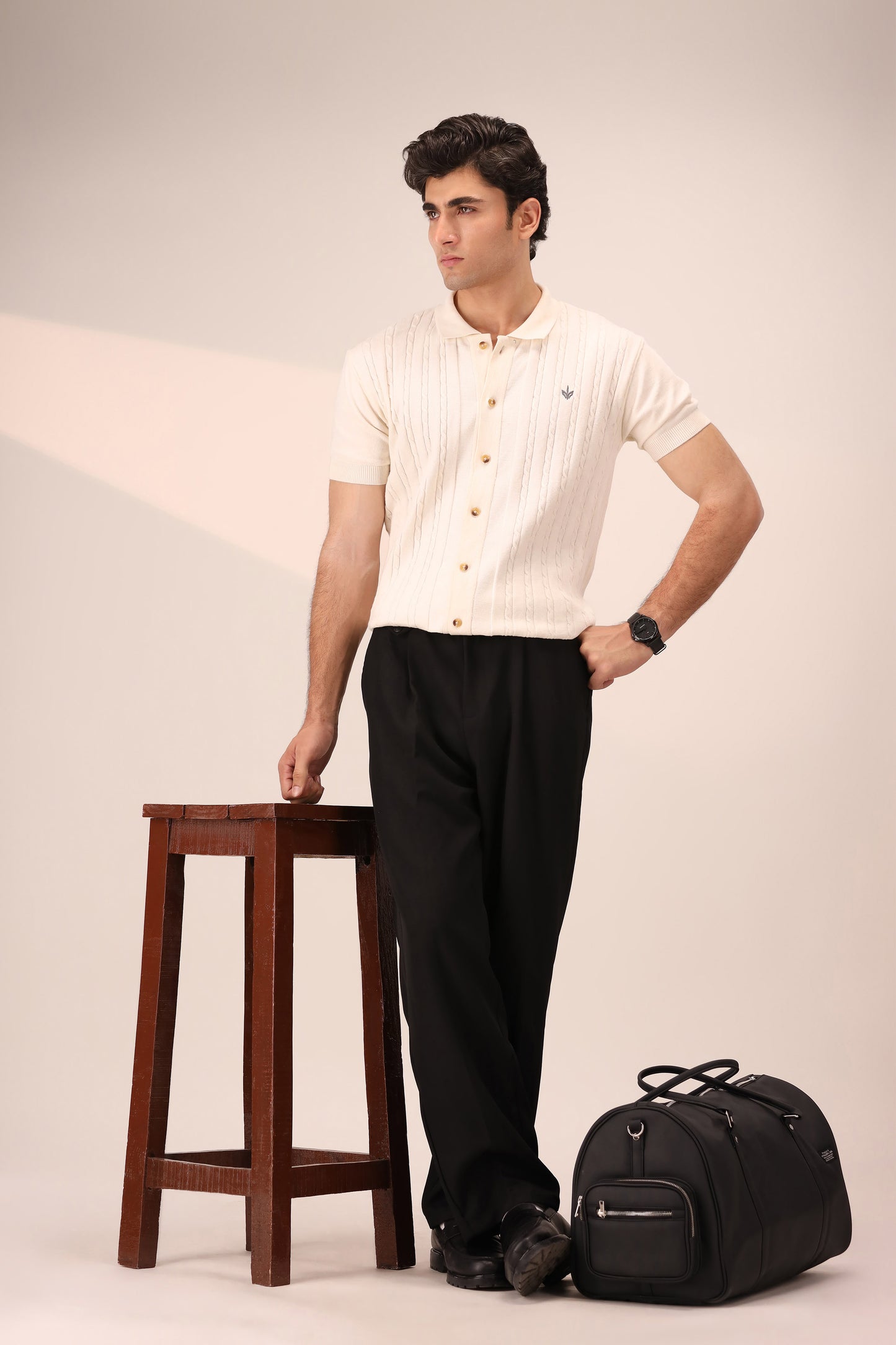 OFF WHITE CABLE KNIT POLO CARDIGAN