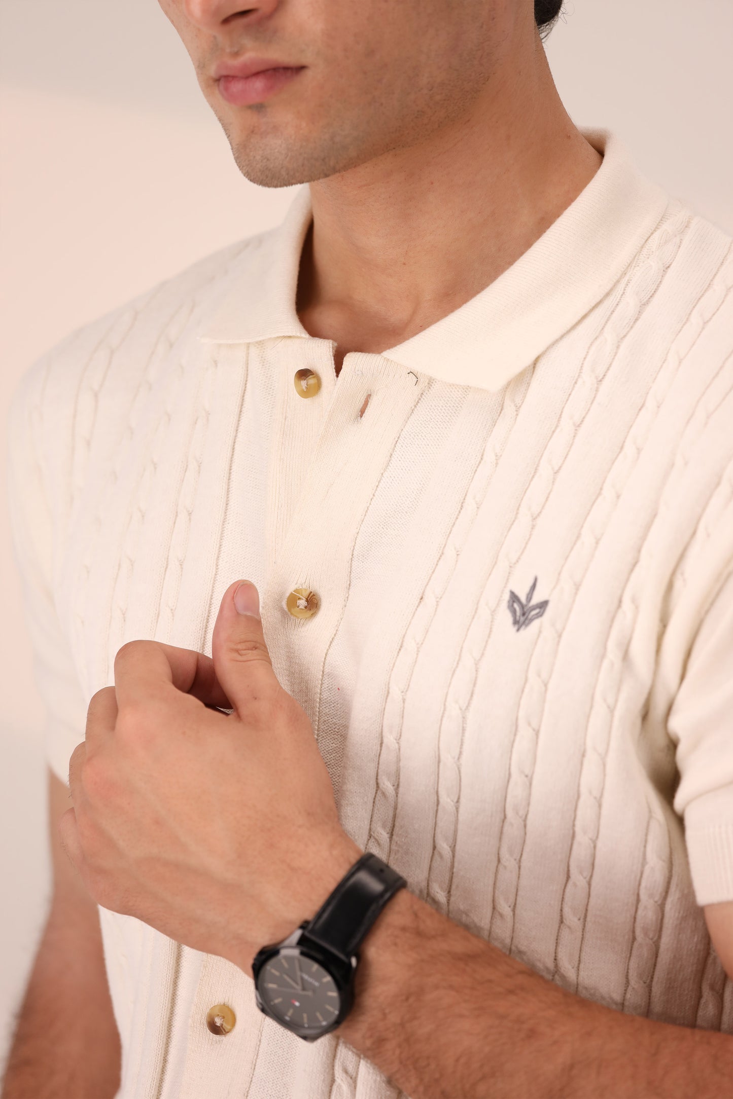 OFF WHITE CABLE KNIT POLO CARDIGAN