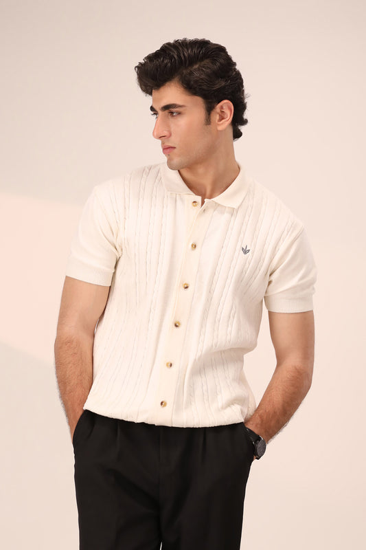 OFF WHITE CABLE KNIT POLO CARDIGAN