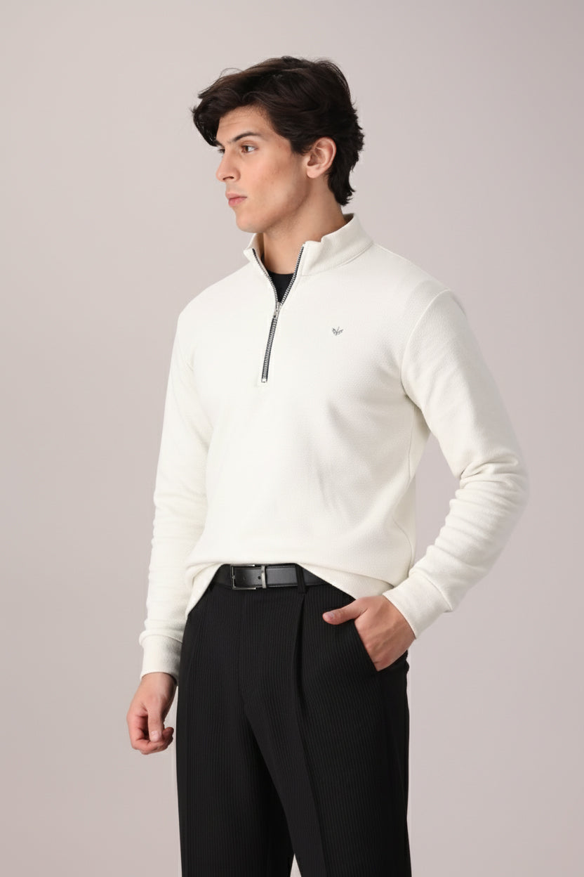 OFF-WHITE TEXTURED KNIT QUARTER ZIPPER