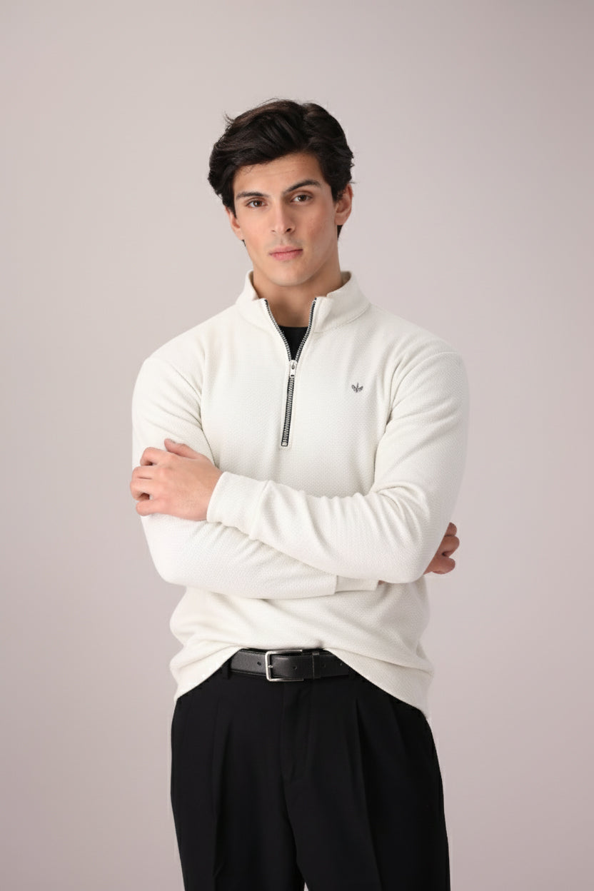 OFF-WHITE TEXTURED KNIT QUARTER ZIPPER