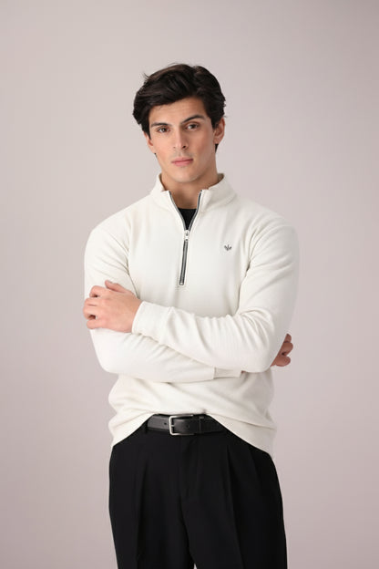 OFF-WHITE TEXTURED KNIT QUARTER ZIPPER