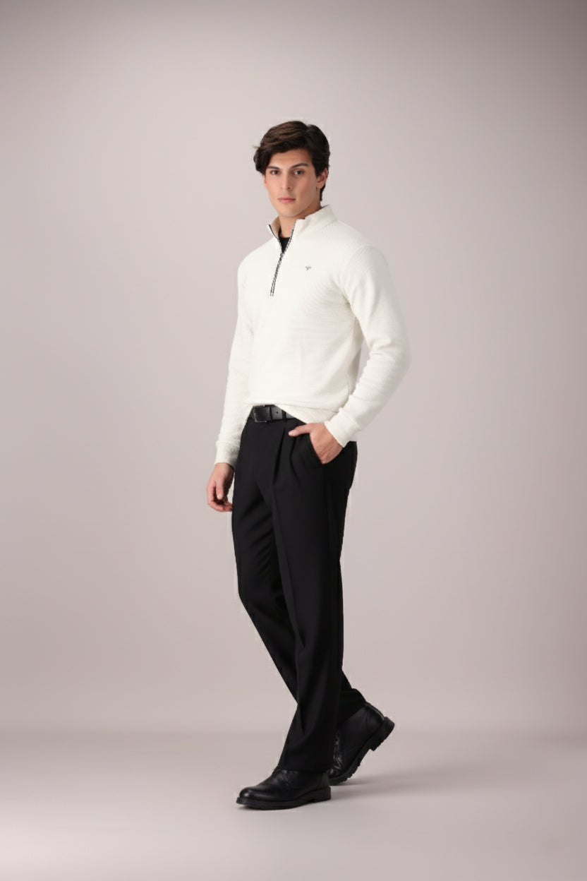 OFF-WHITE TEXTURED KNIT QUARTER ZIPPER