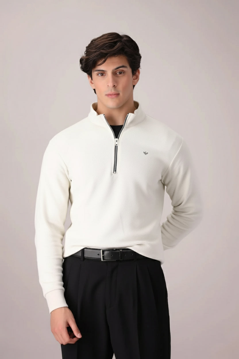 OFF-WHITE TEXTURED KNIT QUARTER ZIPPER