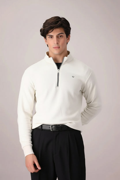 OFF-WHITE TEXTURED KNIT QUARTER ZIPPER