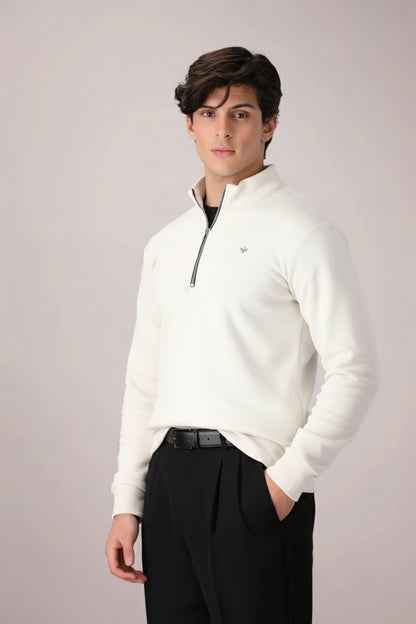 OFF-WHITE TEXTURED KNIT QUARTER ZIPPER