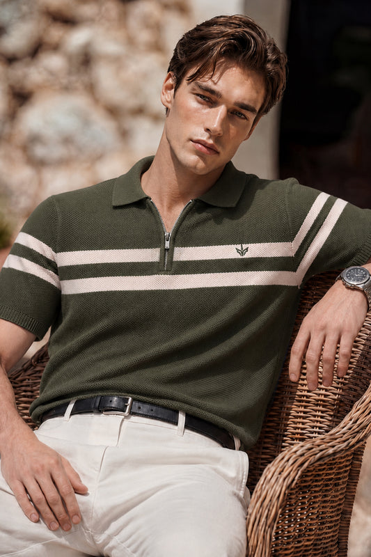DK OLIVE STRIPED MESH KNITTED POLO