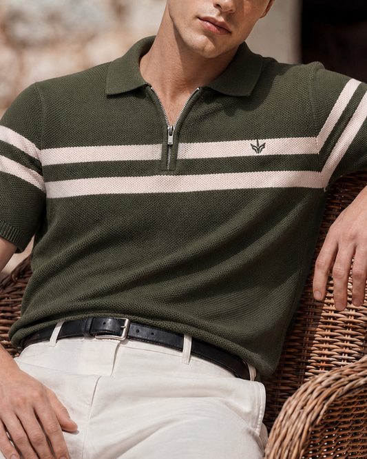 DK OLIVE STRIPED MESH KNITTED POLO