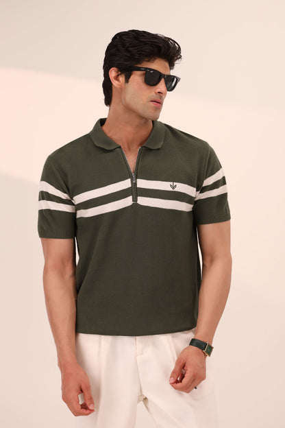 DK OLIVE STRIPED MESH KNITTED POLO