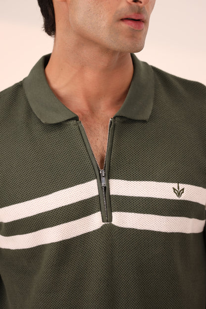 DK OLIVE STRIPED MESH KNITTED POLO