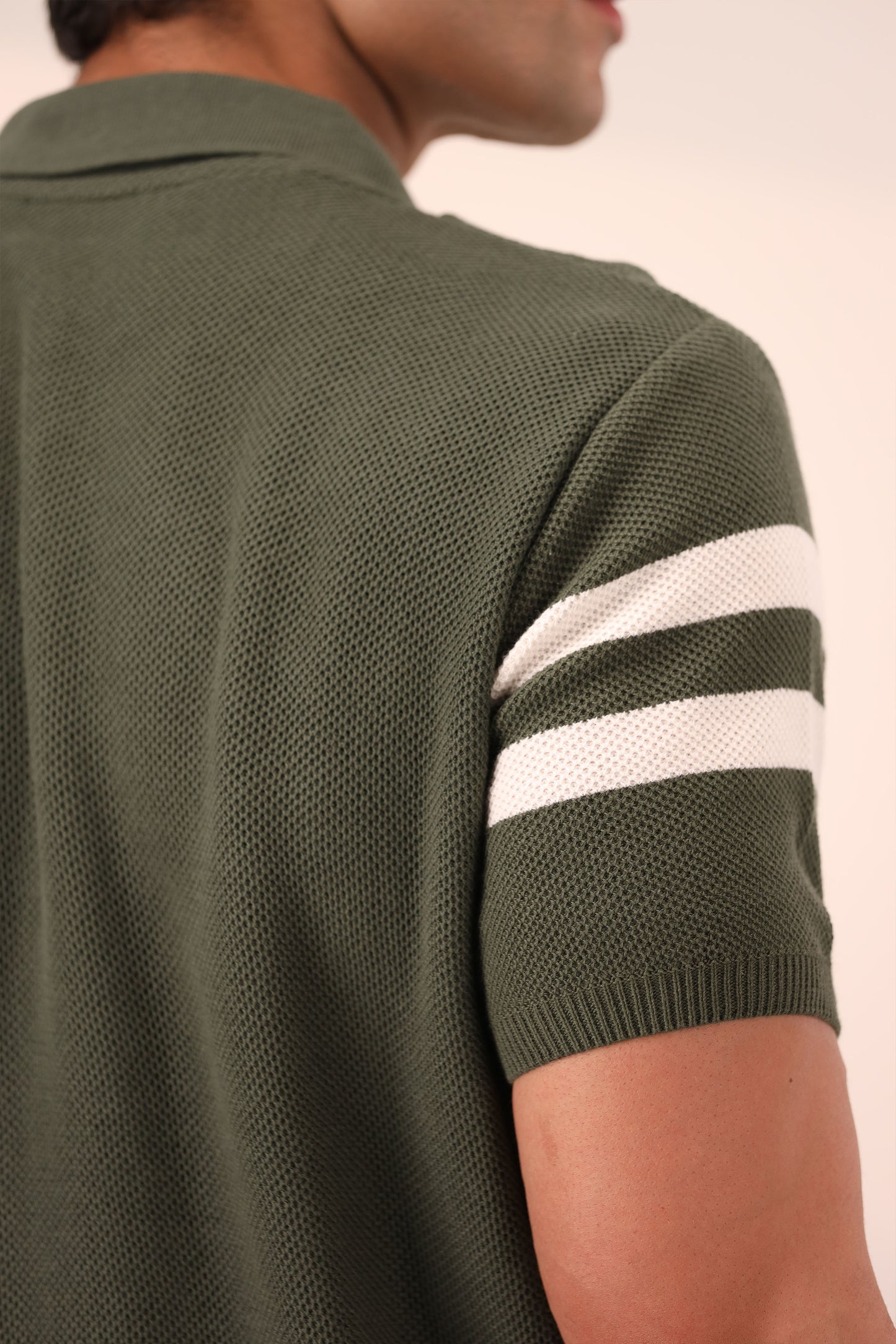 DK OLIVE STRIPED MESH KNITTED POLO