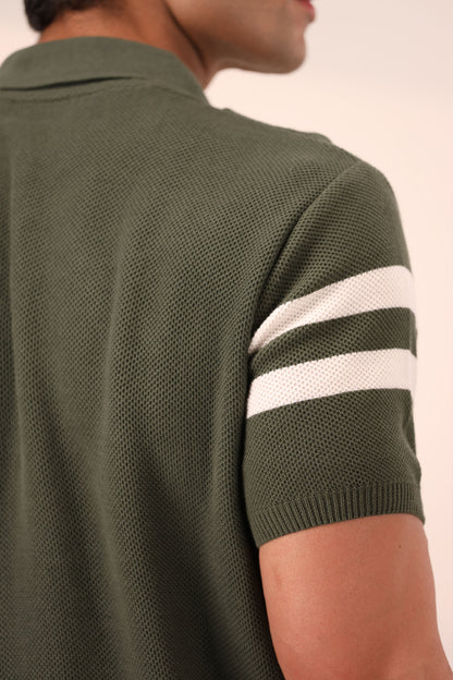 DK OLIVE STRIPED MESH KNITTED POLO
