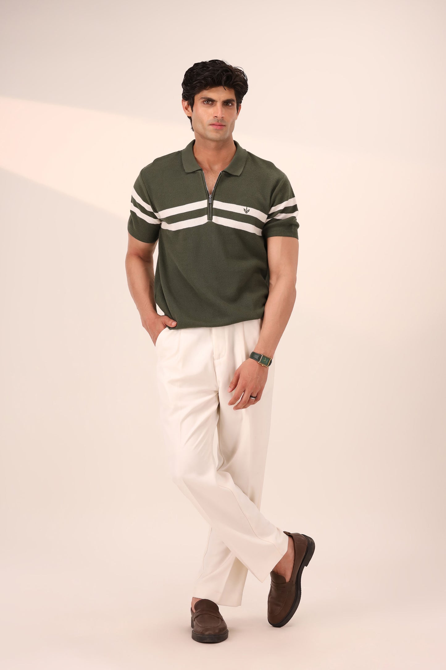 DK OLIVE STRIPED MESH KNITTED POLO