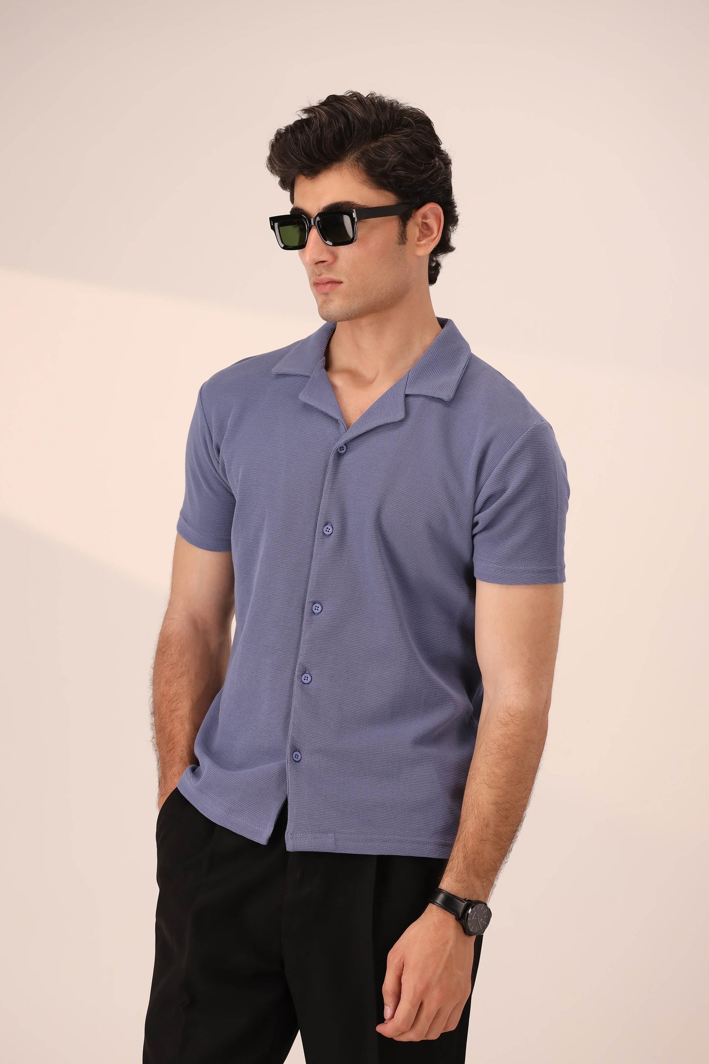 PASTEL BLUE WAFFLE KNIT CUBAN SHIRT