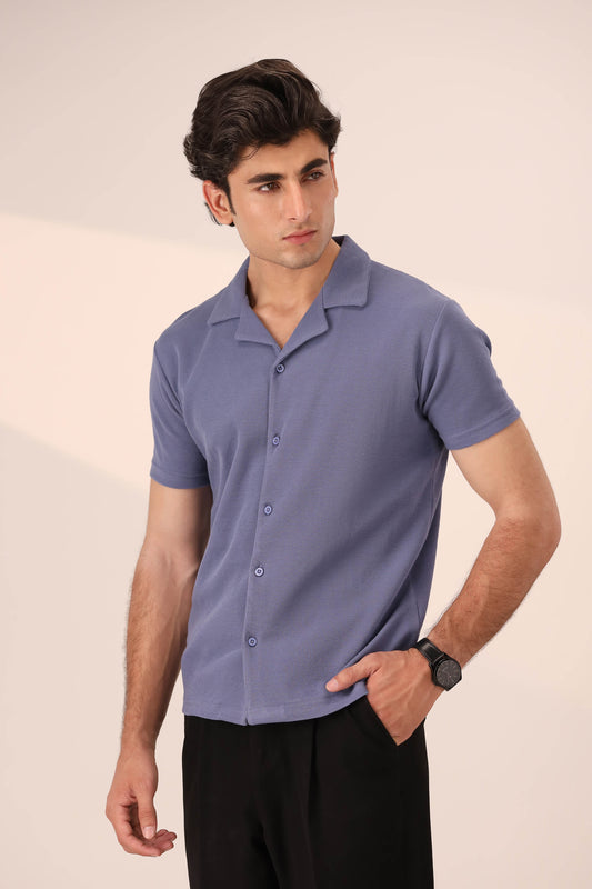 PASTEL BLUE WAFFLE KNIT CUBAN SHIRT