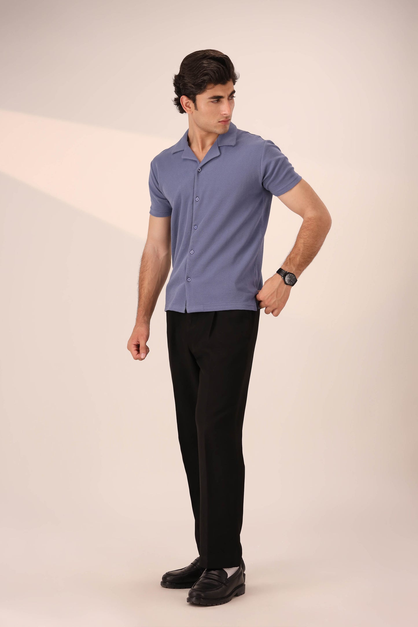 PASTEL BLUE WAFFLE KNIT CUBAN SHIRT