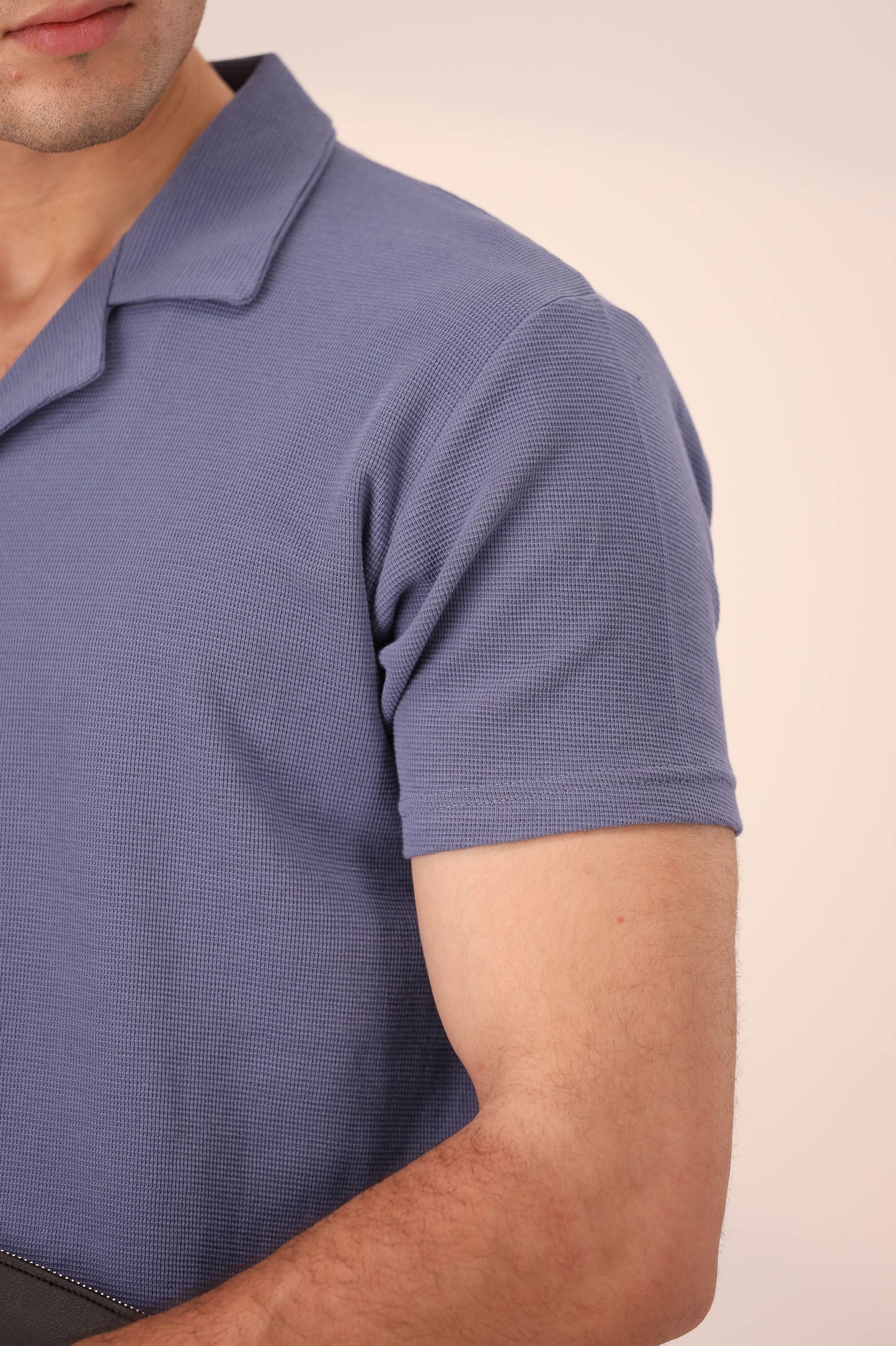PASTEL BLUE WAFFLE KNIT CUBAN SHIRT