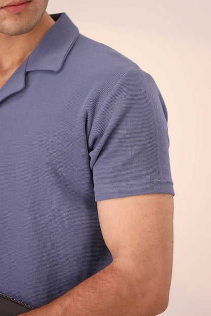 PASTEL BLUE WAFFLE KNIT CUBAN SHIRT