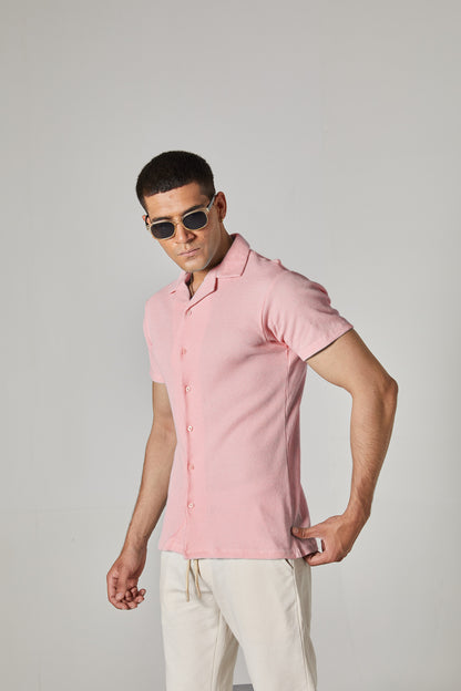 BABY PINK WAFFLE KNIT CUBAN SHIRT