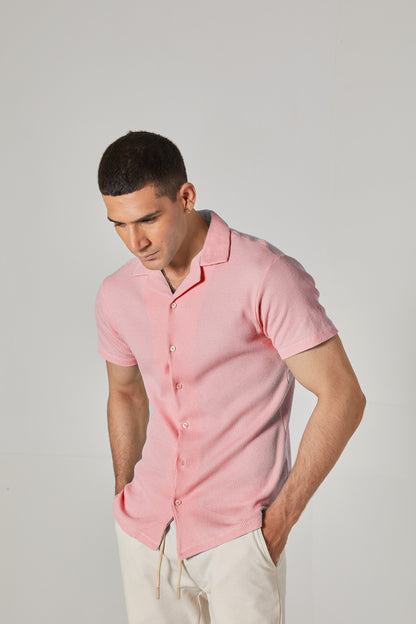 BABY PINK WAFFLE KNIT CUBAN SHIRT