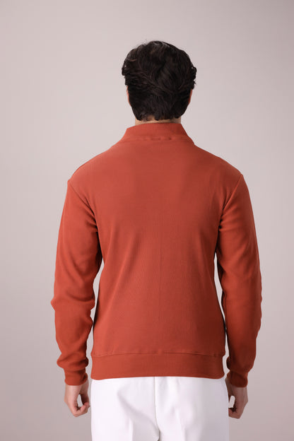 RUST RIB KNITTED QUARTER ZIPPER