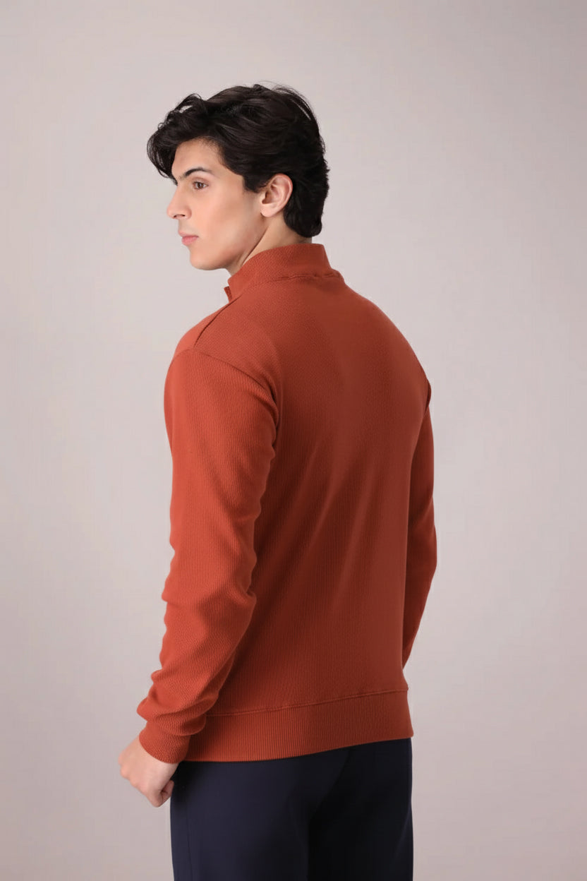 RUST RIB KNITTED QUARTER ZIPPER