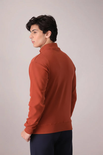 RUST RIB KNITTED QUARTER ZIPPER