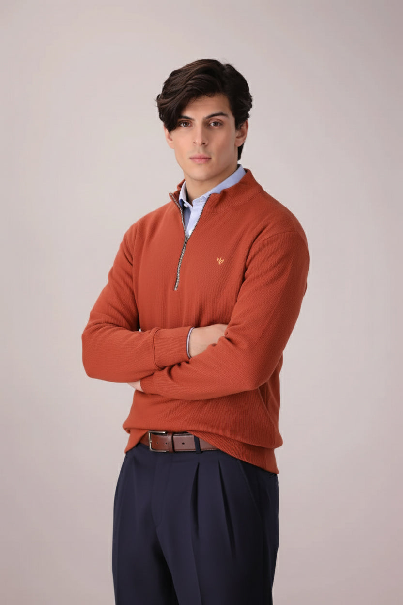 RUST RIB KNITTED QUARTER ZIPPER