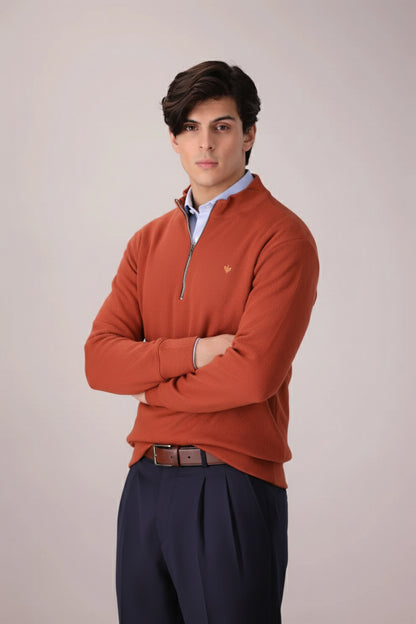 RUST RIB KNITTED QUARTER ZIPPER