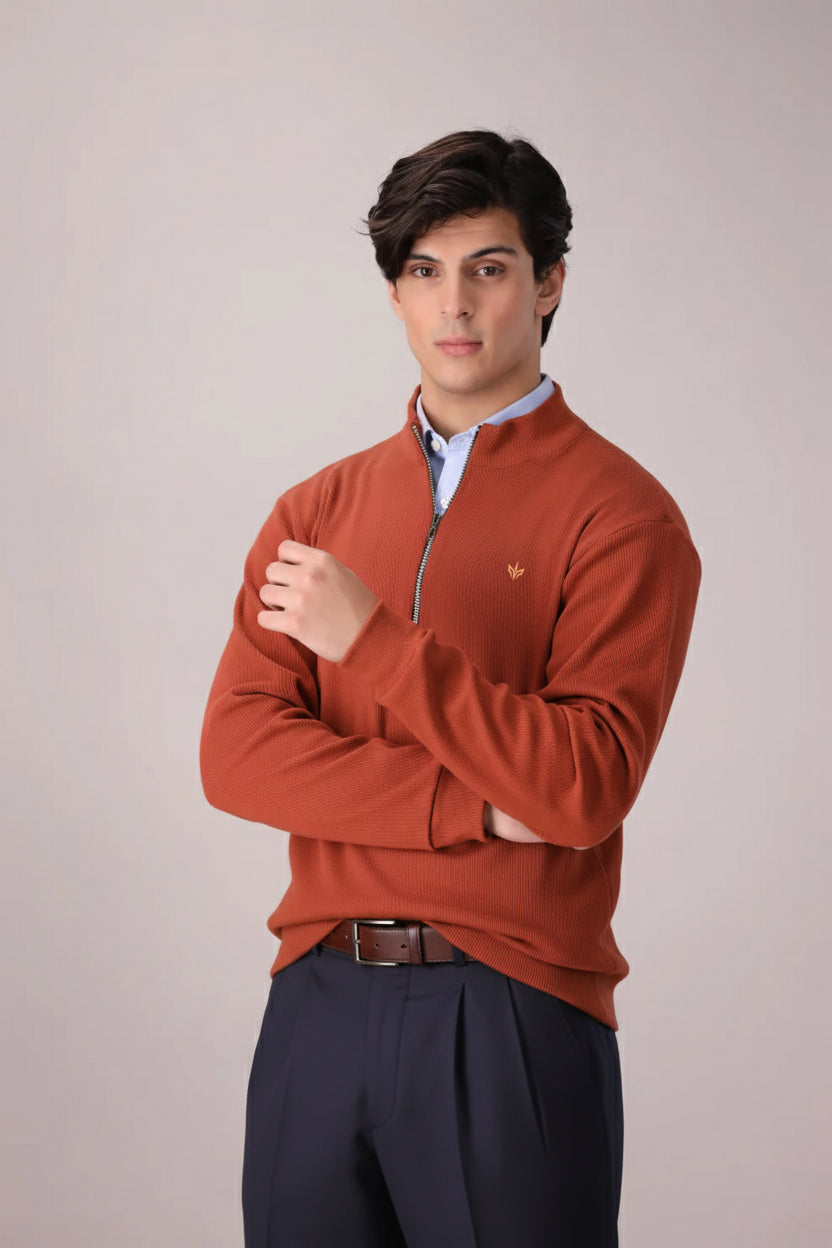 RUST RIB KNITTED QUARTER ZIPPER