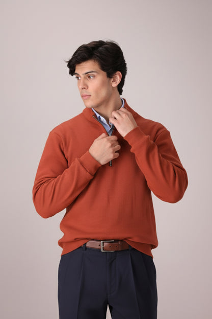 RUST RIB KNITTED QUARTER ZIPPER