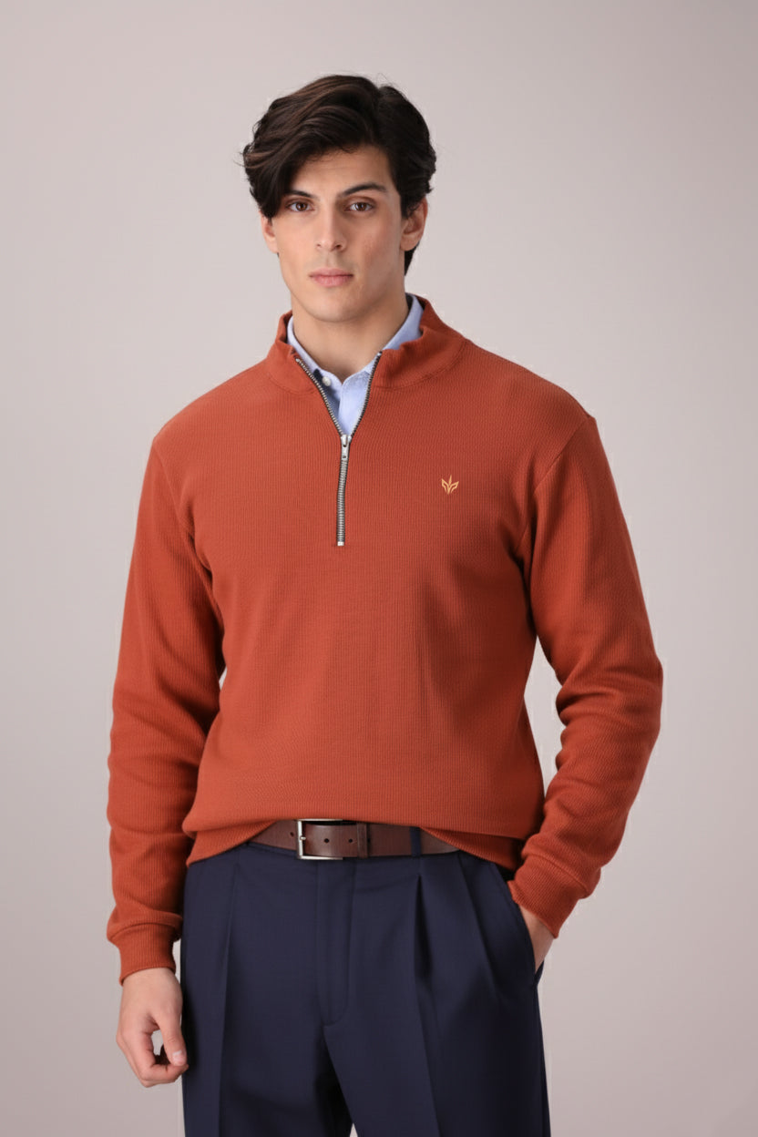 RUST RIB KNITTED QUARTER ZIPPER