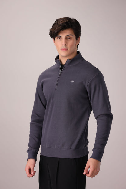 SLATE GREY RIB KNITTED QUARTER ZIPPER