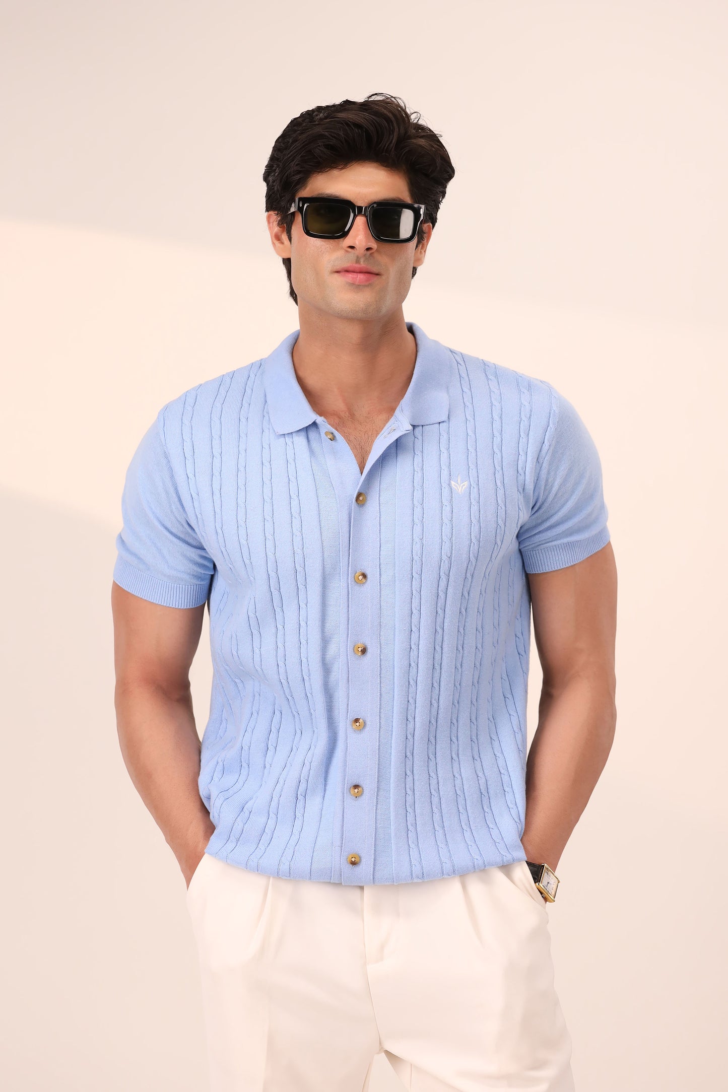 SKY BLUE CABLE KNIT POLO CARDIGAN