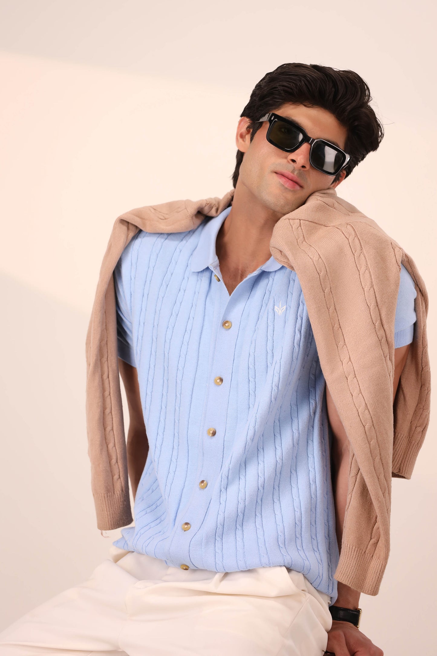 SKY BLUE CABLE KNIT POLO CARDIGAN