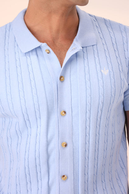 SKY BLUE CABLE KNIT POLO CARDIGAN