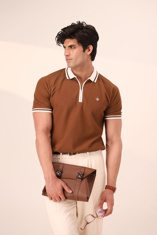 TOFFEE BROWN RIVIERA ZIP POLO