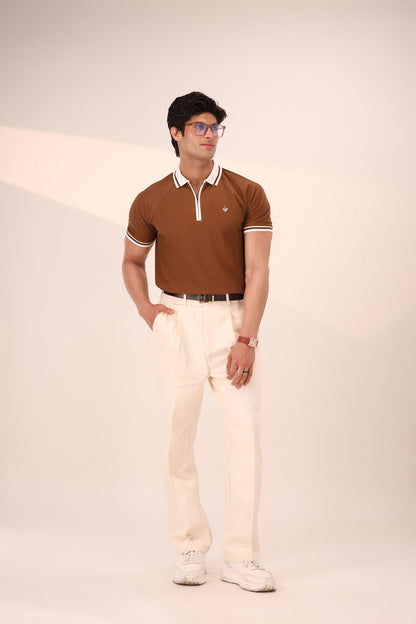 TOFFEE BROWN RIVIERA ZIP POLO