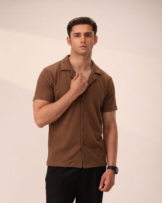 TOFFEE BROWN WAFFLE KNIT CUBAN SHIRT