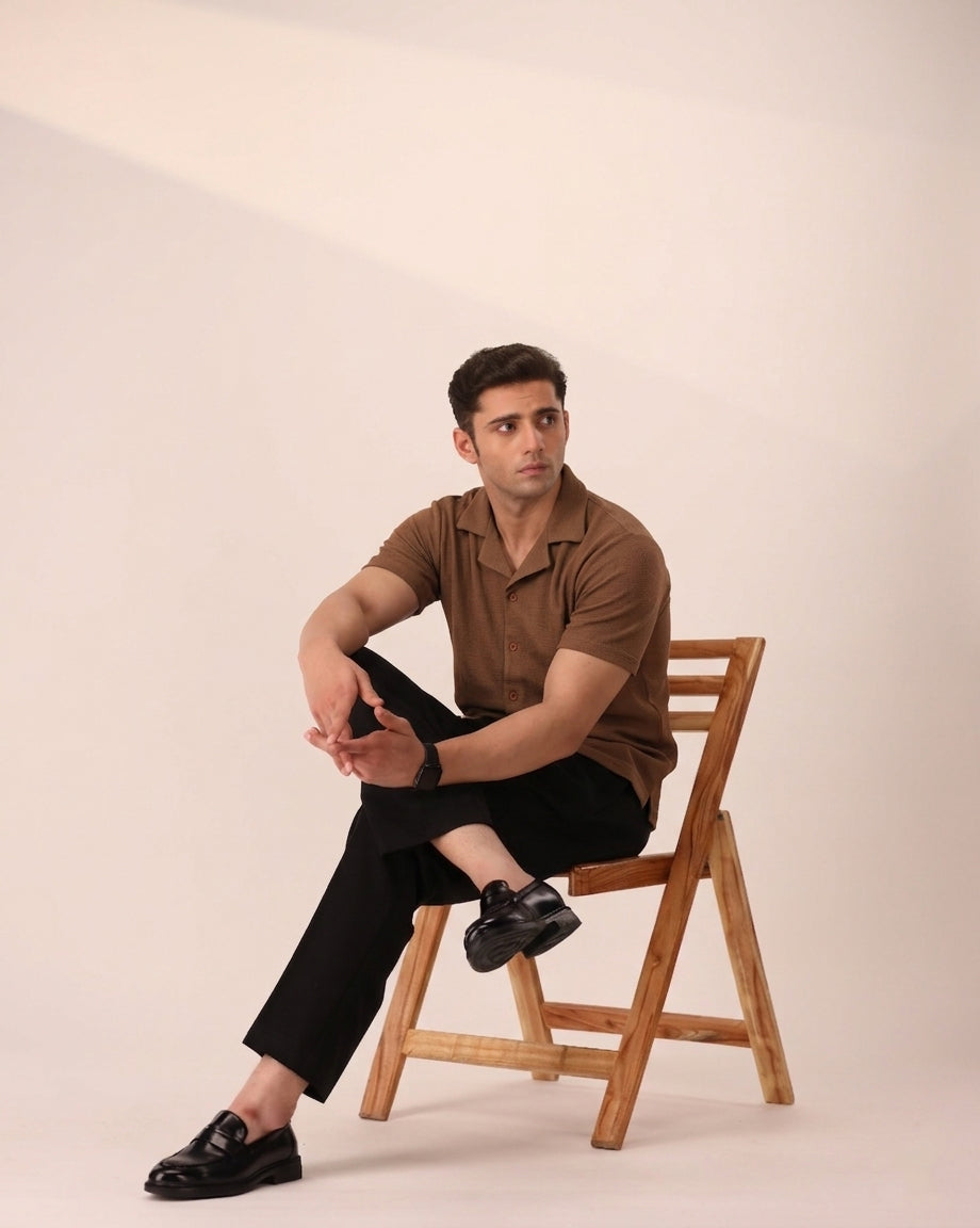 TOFFEE BROWN WAFFLE KNIT CUBAN SHIRT