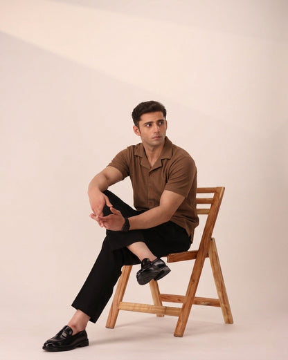 TOFFEE BROWN WAFFLE KNIT CUBAN SHIRT