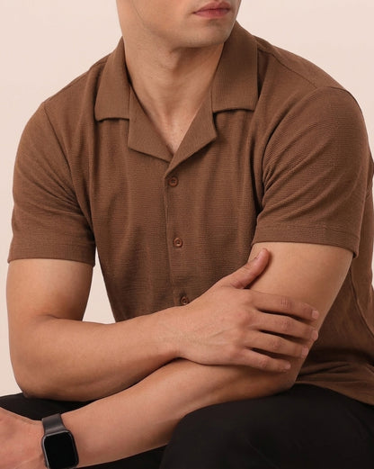 TOFFEE BROWN WAFFLE KNIT CUBAN SHIRT