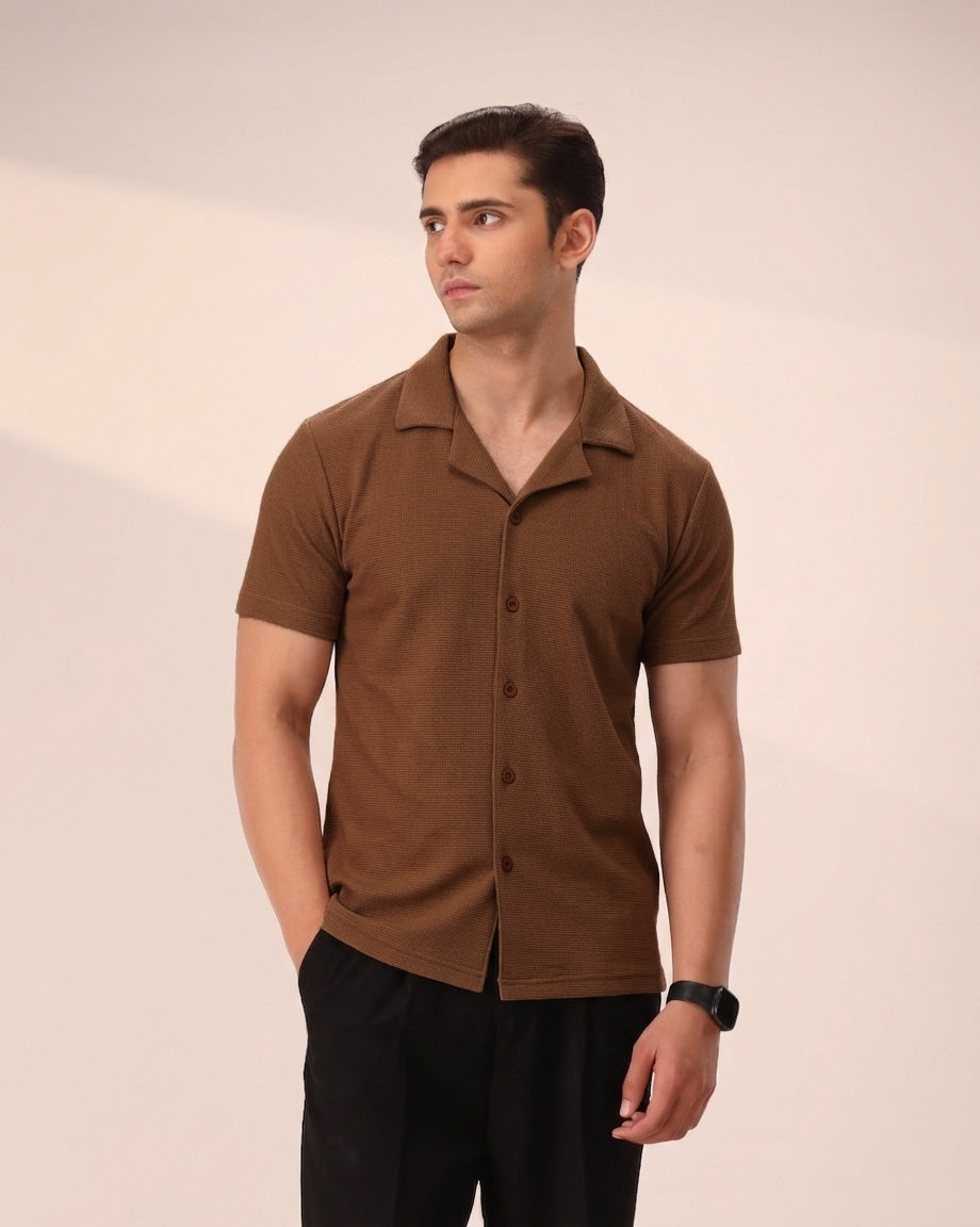 TOFFEE BROWN WAFFLE KNIT CUBAN SHIRT